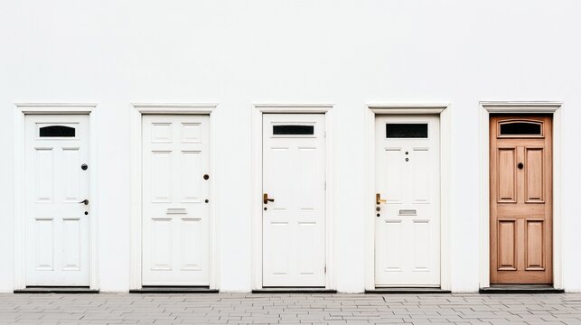 Four distinct doors in various styles and colors on a white exterior wall, each with unique knobs and mail slots on a tiled sidewalk.