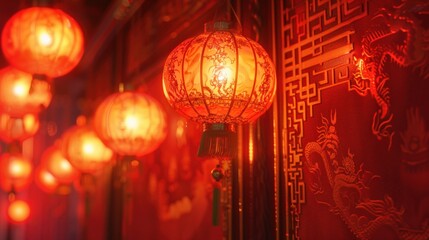Traditional Chinese red lanterns with intricate gold dragon designs, glowing warmly against a decorative red and gold background, symbolizing festivity and culture.