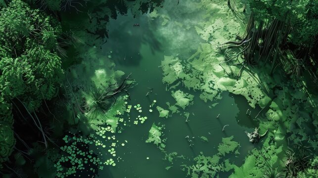 DnD Battlemap battlemap in toxic bog - Surrounded by greenery, battlemap shows a hazardous setting_remains of a bridge in a murky swamp.