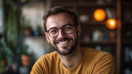 Fototapeta premium Portrait of smiling freelancer working from home in cozy environment