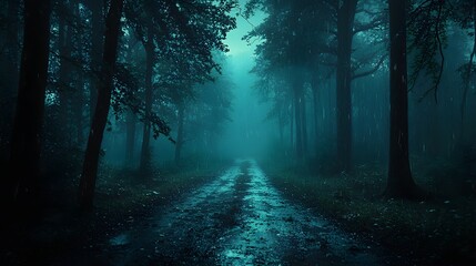 Fototapeta premium A dark, soaked forest path illuminated briefly by lightning, spectral shapes appearing amidst the rain and trees, evoking loneliness and fear, lightning silhouette forest, haunting isolation