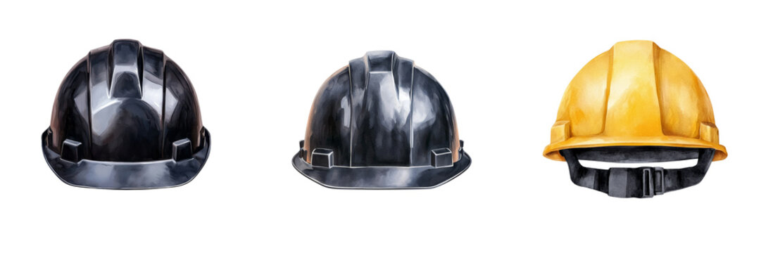 Safety helmet construction, Three distinct safety helmets in varying colors, showcasing designs suitable for construction and industrial environments.