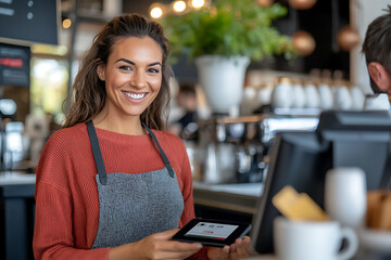 Young woman using qr code for payment at cozy cafe promoting modern payment solutions in a welcoming environment with a friendly vibe