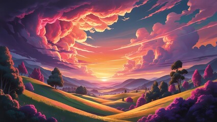 Fototapeta premium Dreamscape Sunset: A Vibrant Digital Painting