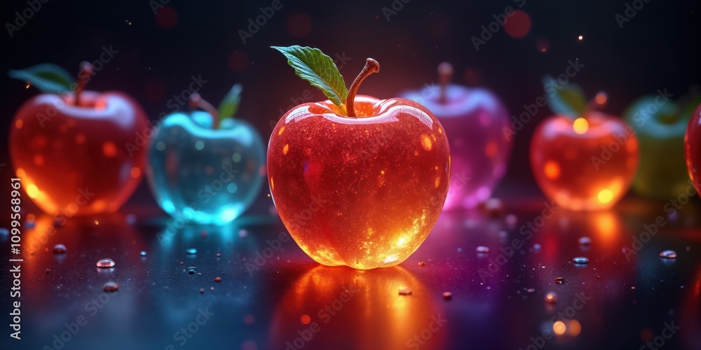 Poster multicolored glowing glass apples stand out against dark background. fruits display vibrant colors, 