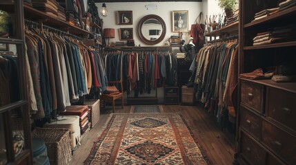 Naklejka premium Cozy Vintage Clothing Shop Interior With Stylish Garments Display