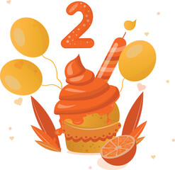  Two year birthday cupcake with orange and balloons