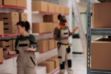Selective focus of shelves full with cardboard boxes, in background diverse warehouse coworkers preparing clients orders. Storage room employees managing parcels transportation, working in storehouse