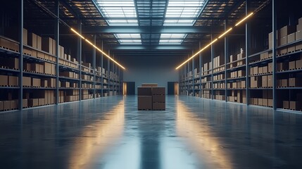 Fototapeta premium Empty Warehouse Interior with Shelves and Stacked Cardboard Boxes