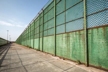 Metal mesh wall with a dirty green tint and rough texture, metal mesh background, industrial design element, post-industrial aesthetic, urban decay