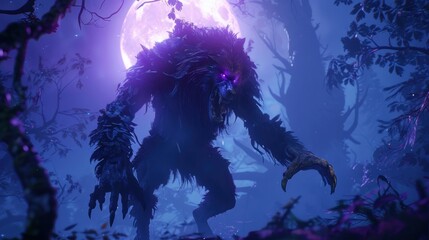 Menacing werewolf with glowing purple eyes standing in a misty, moonlit forest, surrounded by eerie shadows and twisted trees, creating a dramatic horror scene.