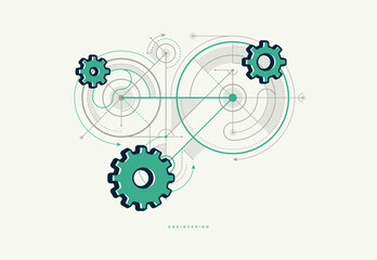 Engineering machine concept poster, gears and cogs vector icon style poster, effective automation.