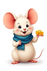 Cute cartoon mouse character holding cheese with a joyful expression