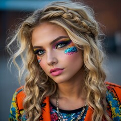 Fototapeta premium Stunning beauty photo of a mischievous blonde teenage girl, with an emphasis on extreme make-up, hairstyle and outfit.