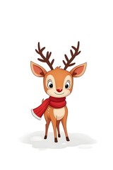 Fototapeta premium Cute cartoon reindeer wearing a red scarf smiling against a white background