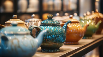 A row of colorful teapots.