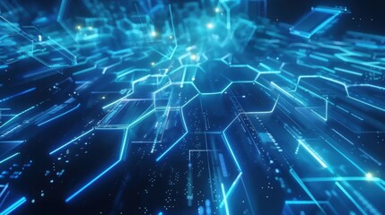 Fototapeta premium Futuristic digital network with glowing hexagonal patterns and interconnected technology in vibrant blue light, depicting advanced computing and data transfer concepts.