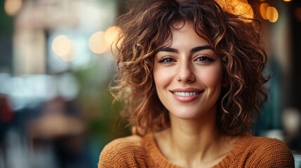 Fototapeta premium Beautiful smiling woman with curly hair posing in a blurred background
