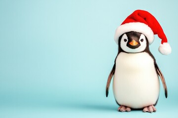 Fototapeta premium Illustration of a penguin in a Santa hat on a light blue background, spreading festive Christmas joy and embodying the cheerful holiday season..