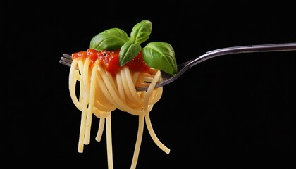 Spaghetti on a fork with tomato sauce and basil leaf isolated on black background, food concept, restaurant, recipe, food blog. ai generated