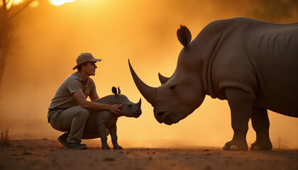 Wildlife Conservationist with Baby Rhino and Mother