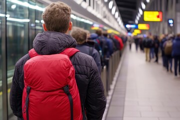 Obraz premium Travel restrictions policy conceptual. A traveler stands in line at a busy train station, wearing a red backpack, surrounded by other commuters in a modern, bustling environment.
