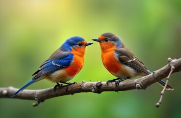 Fototapeta premium Two cute spring birds perch on branch. Bright colors orange, blue. Natural scene. Outdoors setting. Gentle light. Peaceful nature. Springtime. Lovely birds. Wildlife. Beautiful illustration. Garden