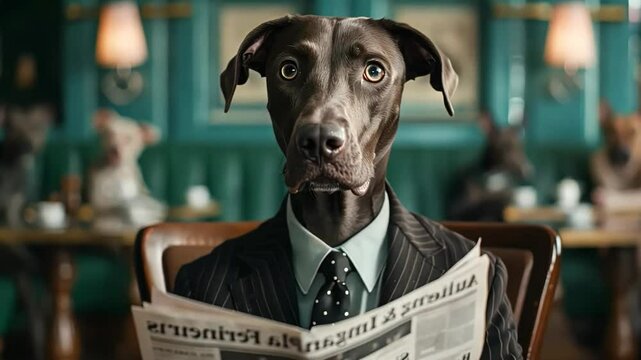 A sophisticated dog in a suit reads a newspaper in a cafe, perfect for April Fools Day or humor concepts