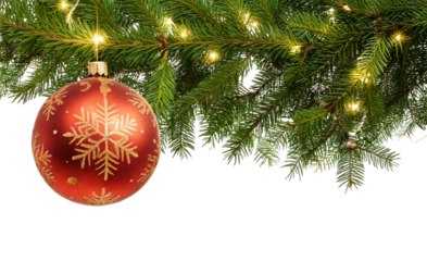 Red Christmas ball hanging from a tree isolated on a transparent background; PNG