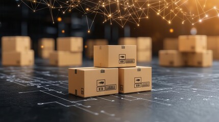 Logistics warehouse with digital tracking of products, barcode scanning on boxes