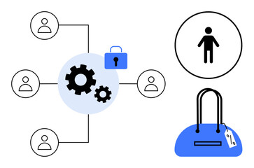 Network diagram with user icons connected by lines to central gears, blue security lock, person icon, and handbag with price tag. Ideal for business workflow, security, e-commerce, and fashion. Line
