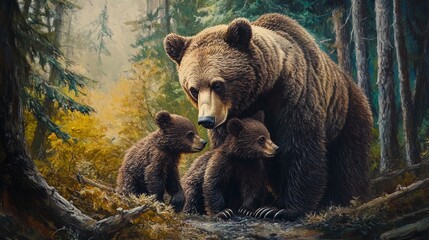 Obraz premium Mother bear and her cubs sharing a tender moment in the forest. 