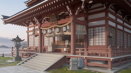 Fototapeta premium Traditional Japanese temple with lanterns, ornate wooden architecture, and serene surroundings, overlooking a calm landscape.