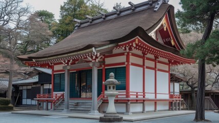 Traditional Japanese temple with lanterns, ornate wooden architecture, and serene surroundings, overlooking a calm landscape.