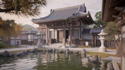 Obraz premium Traditional Japanese temple with lanterns, ornate wooden architecture, and serene surroundings, overlooking a calm landscape.