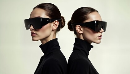 Two women wear futuristic fashion eyewear in profile. Elegant, stylish. Black turtleneck. High tech design. Sophisticated look. Modern, trendy. Autumnal mood. Minimalist. Serious expression.