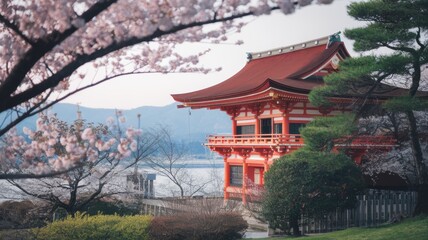 Obraz premium Traditional Japanese temple with lanterns, ornate wooden architecture, and serene surroundings, overlooking a calm landscape.