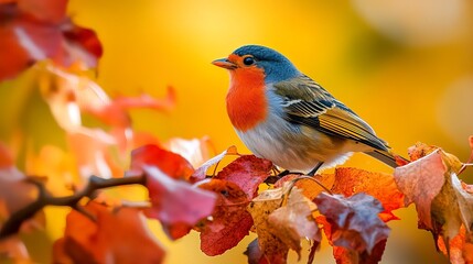 Fototapeta premium Colorful Bird Perched on Autumn Leaves 