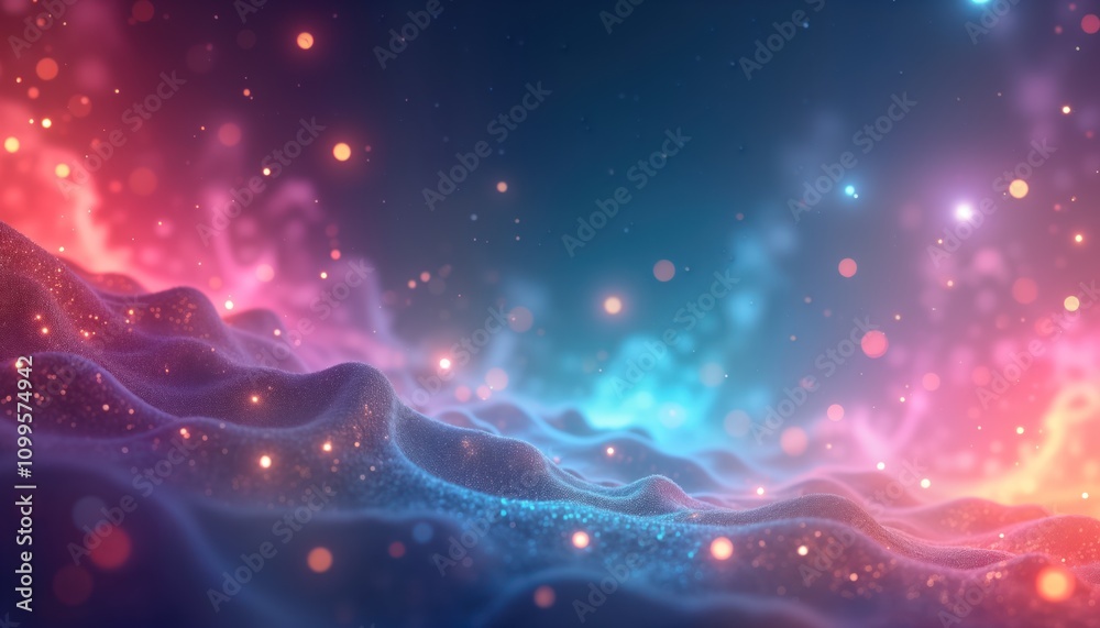 Aufkleber abstract vibrant landscape with glowing particles. dynamic colorful waves, glowing light effects. mo