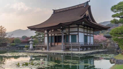 Fototapeta premium Traditional Japanese temple with lanterns, ornate wooden architecture, and serene surroundings, overlooking a calm landscape.