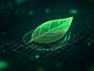A glowing green leaf against a digital grid background, symbolizing nature's connection to technology and sustainability.