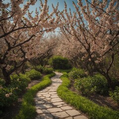 A serene garden path lined with peach blossoms and wild blackberries.