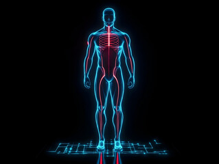 A digital illustration of a human figure with glowing blue and red lines representing the vascular system against a dark background.