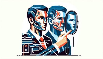 Fototapeta premium Conceptual illustration of a man exploring identity and technology through a distorted mirror reflection