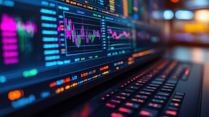 Fototapeta premium High-Tech Financial Data Analysis on a Laptop Showing Colorful Stock Market Graphs and Trading Charts in a Modern Workspace Environment