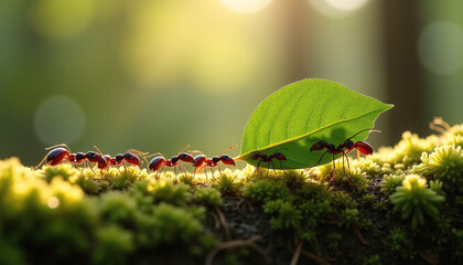 Teamwork: Group of Red Fire Ants Carrying a Leaf