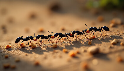 Fototapeta premium Ant Trail: Black Ants Carrying Food in a Line