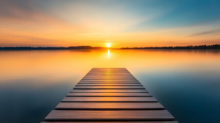 Obraz premium Wooden dock on serene lake at sunrise or sunset