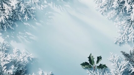 blank mockup template framed with delicate hand-drawn snowflakes in white and light blue along the edges, with a single sprig of holly in the bottom right corner, creating a cozy Christmas card, 
