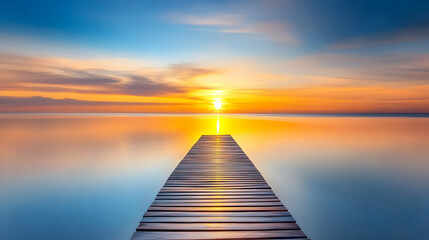 Obraz premium Wooden pier at serene sunrise over calm water